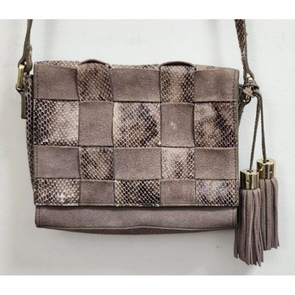 Antropologie Morgan Woven Suede Crossbody Bag Snakeskin Accents Tassel Boho - Picture 4 of 15